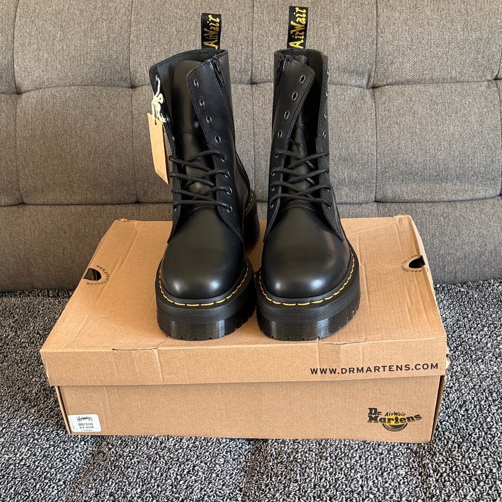 Dr. Martens Black Leather Lace-Up Platform Boots with Yellow Stitching
